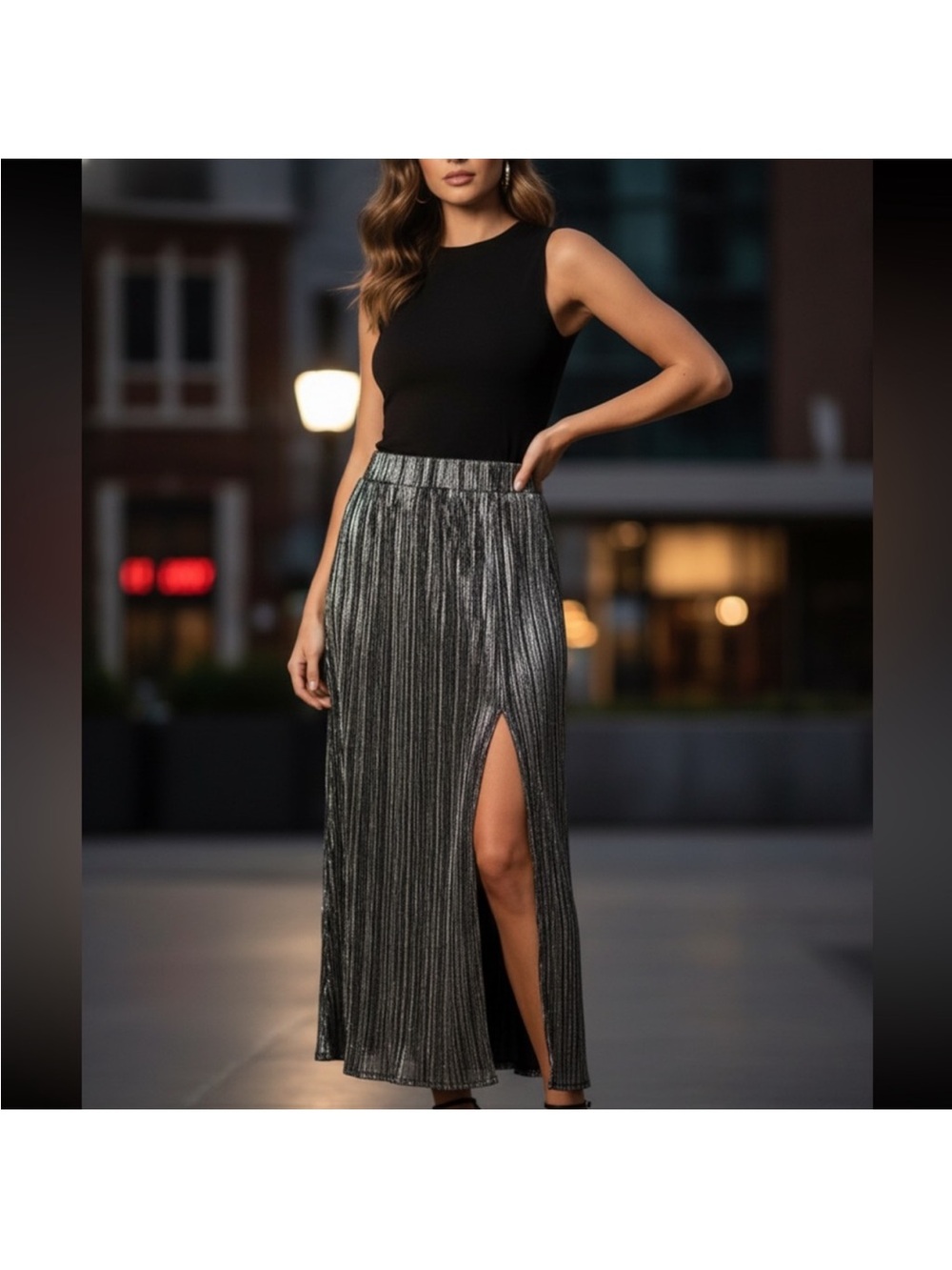 Metallic Pleated Maxi Skirt with Side Slit - Black/Silver